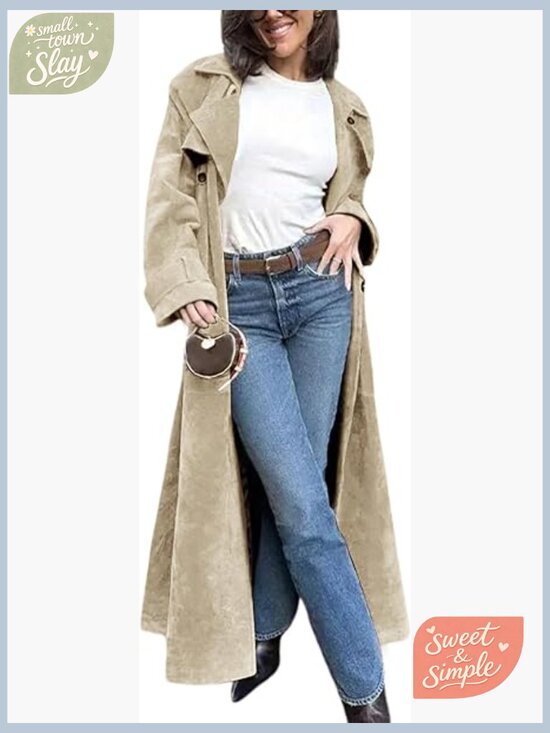 Jackets & Blazers - Faux Suede Long Trench Coat Notched Lapel Double Breasted Pea Coat Overcoat w